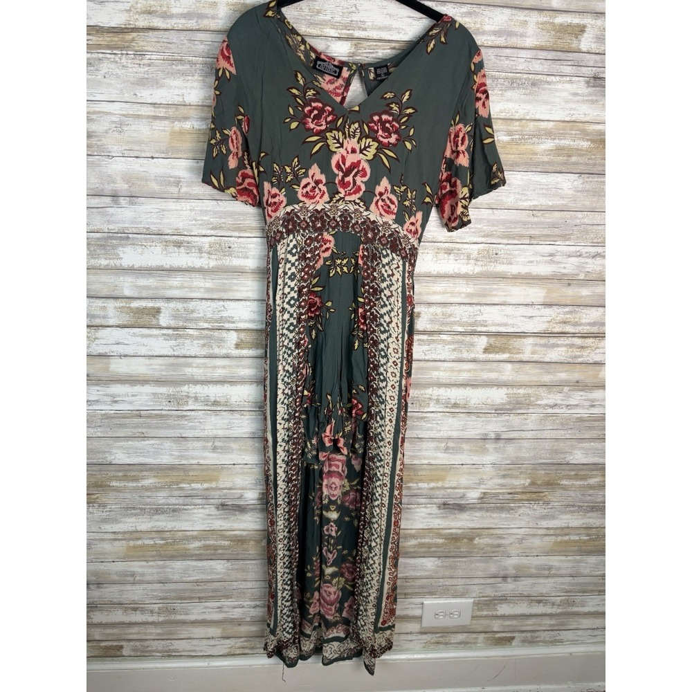 Angie Maxi Romper Dress High-Low Overlay Green Floral Boho Summer Beach Vacation